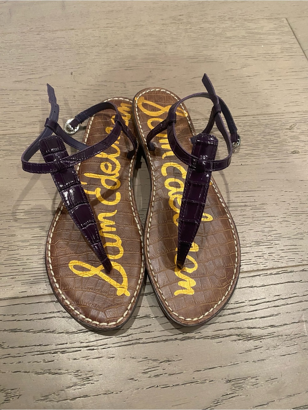 Sam Edelman Purple Patent Leather T-Strap Sandals with Brown Footbed